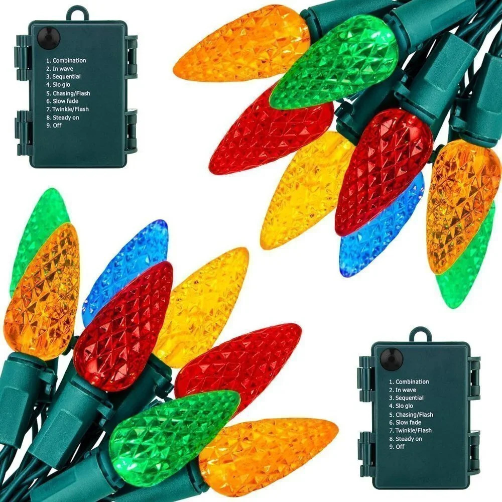 2 Pack Battery Operated C6 Christmas String Lights 20ft 60 LED Faceted Christmas